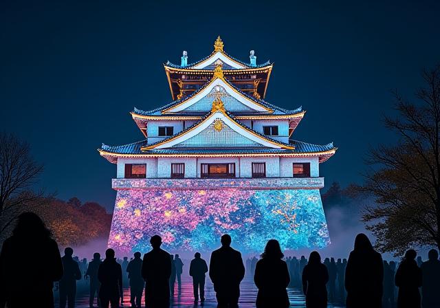 プロジェクションマッピングが施された歴史的建造物の夜景