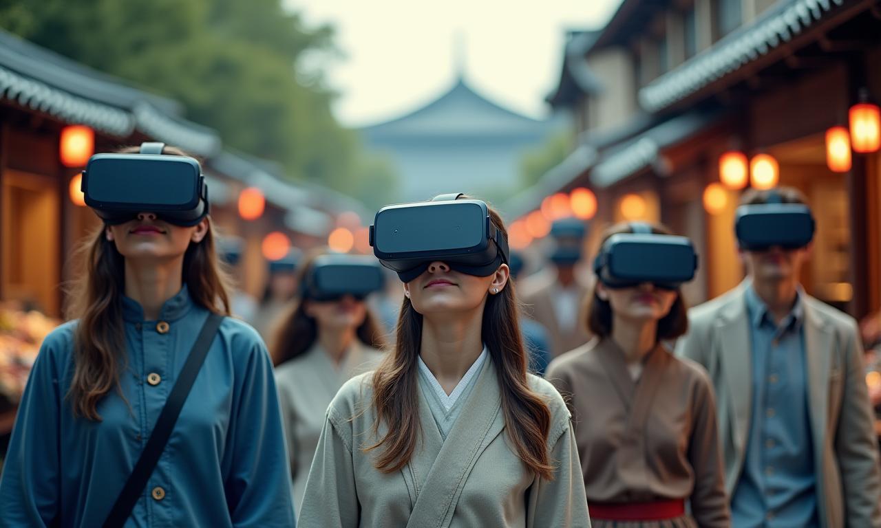 VRヘッドセットを着用し江戸時代を体験する人々