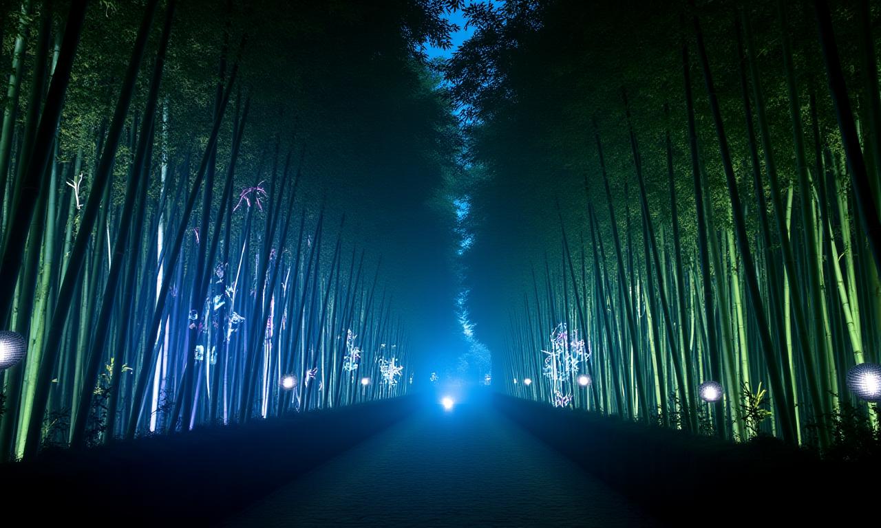 京都の竹林にプロジェクションマッピングされた幻想的な光景