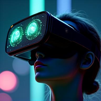 没入型ストーリーテリングを象徴するVRヘッドセットを着用した人物のAIアート