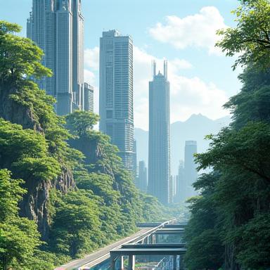 持続可能性を示す、太陽光パネルと自然が共存する未来的な都市のAIアート